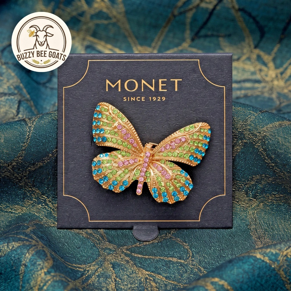 Vintage Monet Metal Butterfly Brooch Pin | Multi-Color Crystal Rhinestone 2"